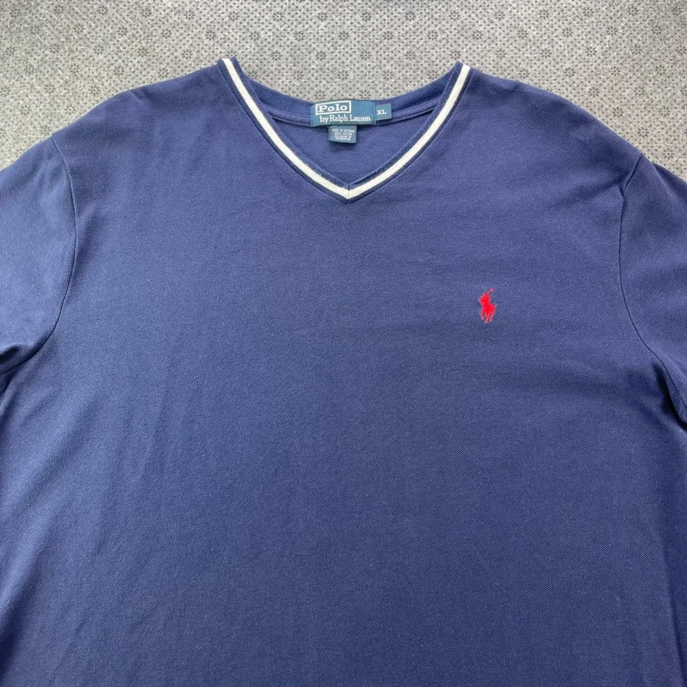 Y2K Polo Ralph Lauren Mens XL Navy Blue V-Neck Tipped Pique Cotton T-Shirt Pony